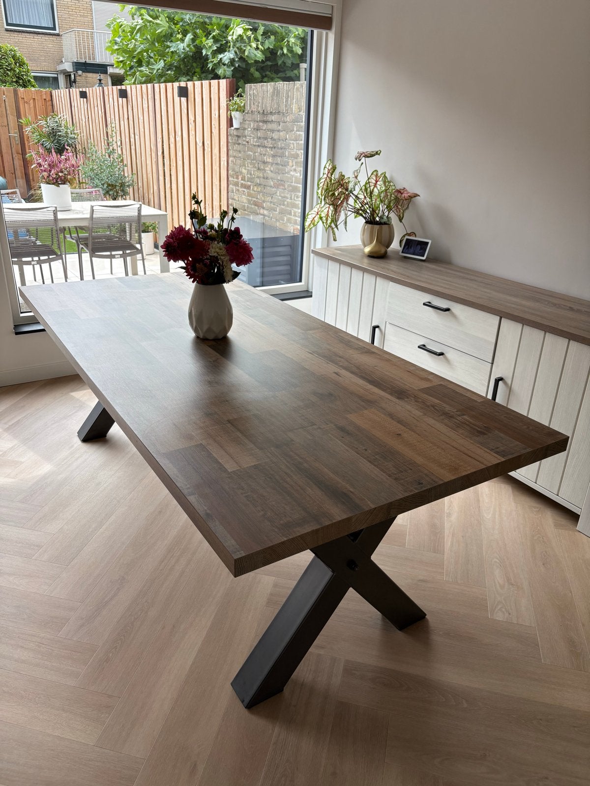 Eettafel met metalen X-poten - 220x100x78 cm, Ophalen, 100 tot 150 cm, 200 cm of meer, Zo goed als nieuw