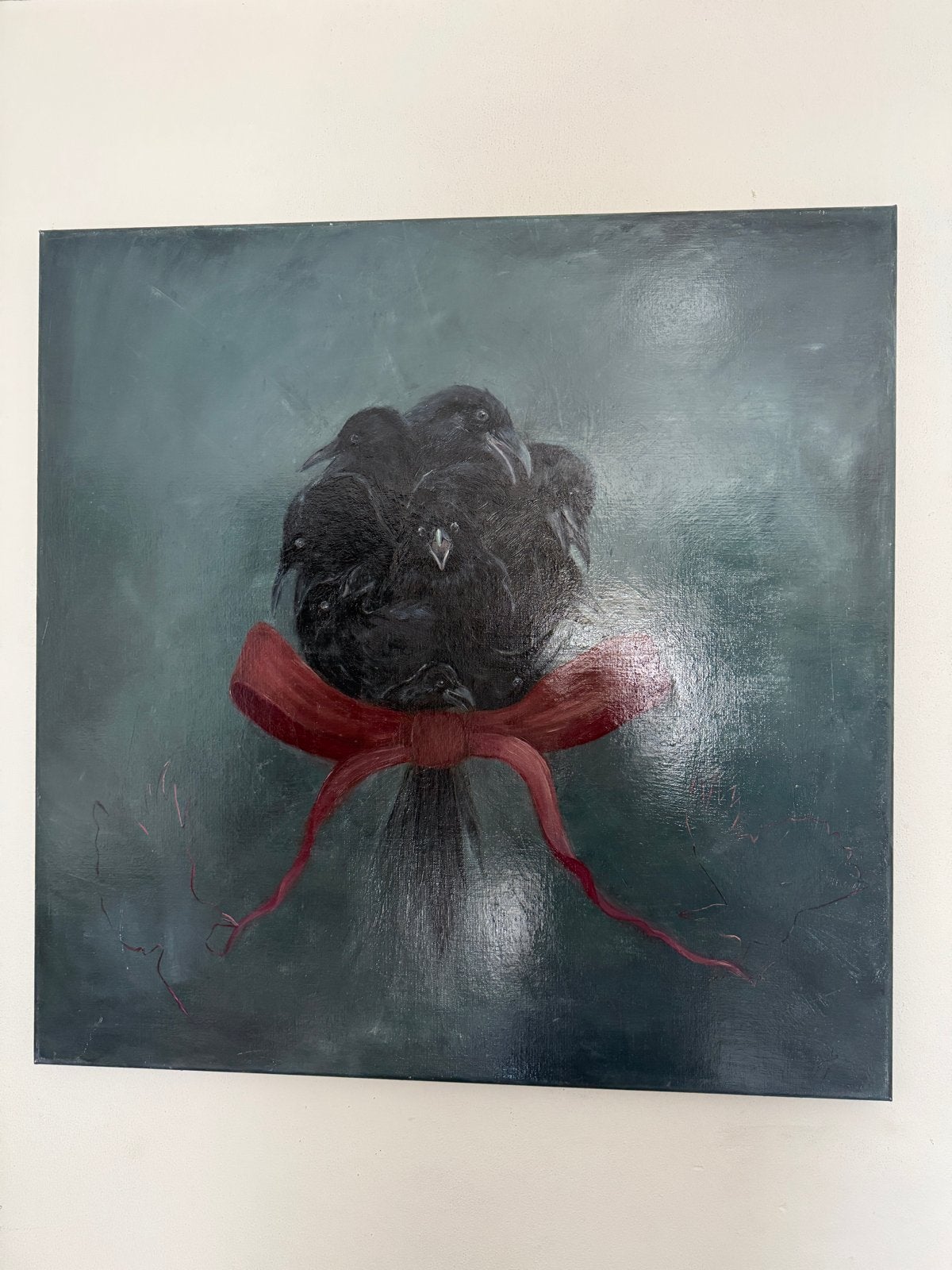 Olieverfschilderij: Kraaien met rode strik, Ophalen, Doek, Realistisch, Dieren
