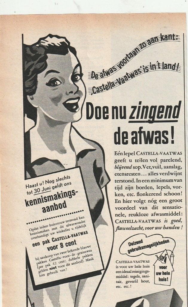 Retro reclame 1953 Castella Nijmegen vaatwas en zing!, Verzamelen, Verzenden, Overige typen