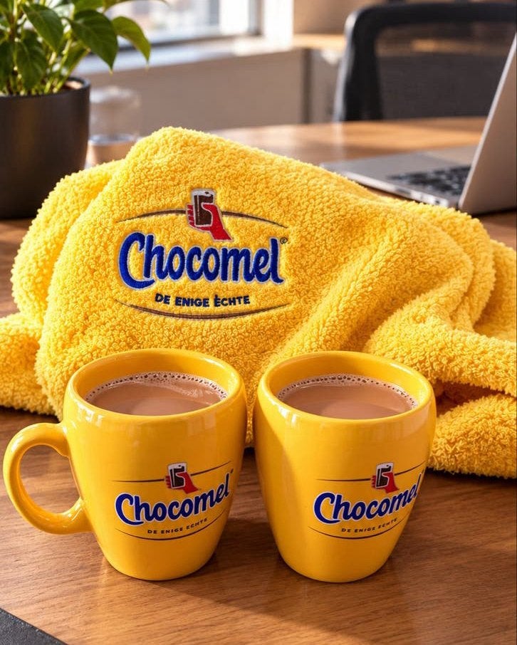 Chocomel fleecedeken 160x120 cm en 2 mokken, Ophalen of Verzenden, Nieuw, Geel, Textiel