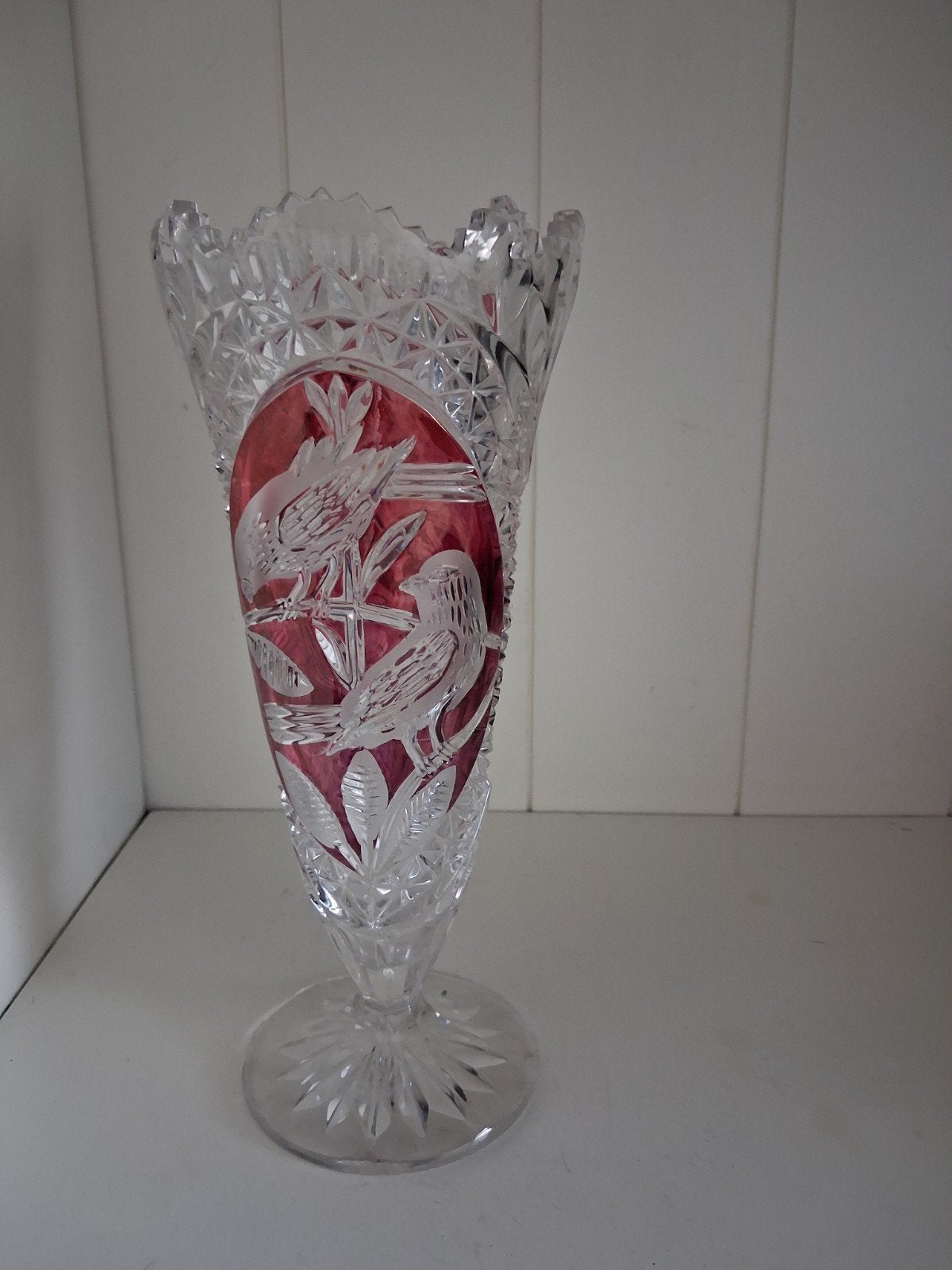 Antieke Hofbauer kristallen vaas met vogeldecoratie, 26cm, Ophalen of Verzenden
