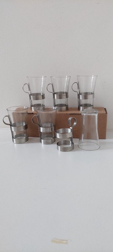 6 Vintage Deense koffie Glazen Mads Odgård Søholm rvs Inox, Glas of Glazen, Eu, Overige merken, Eu