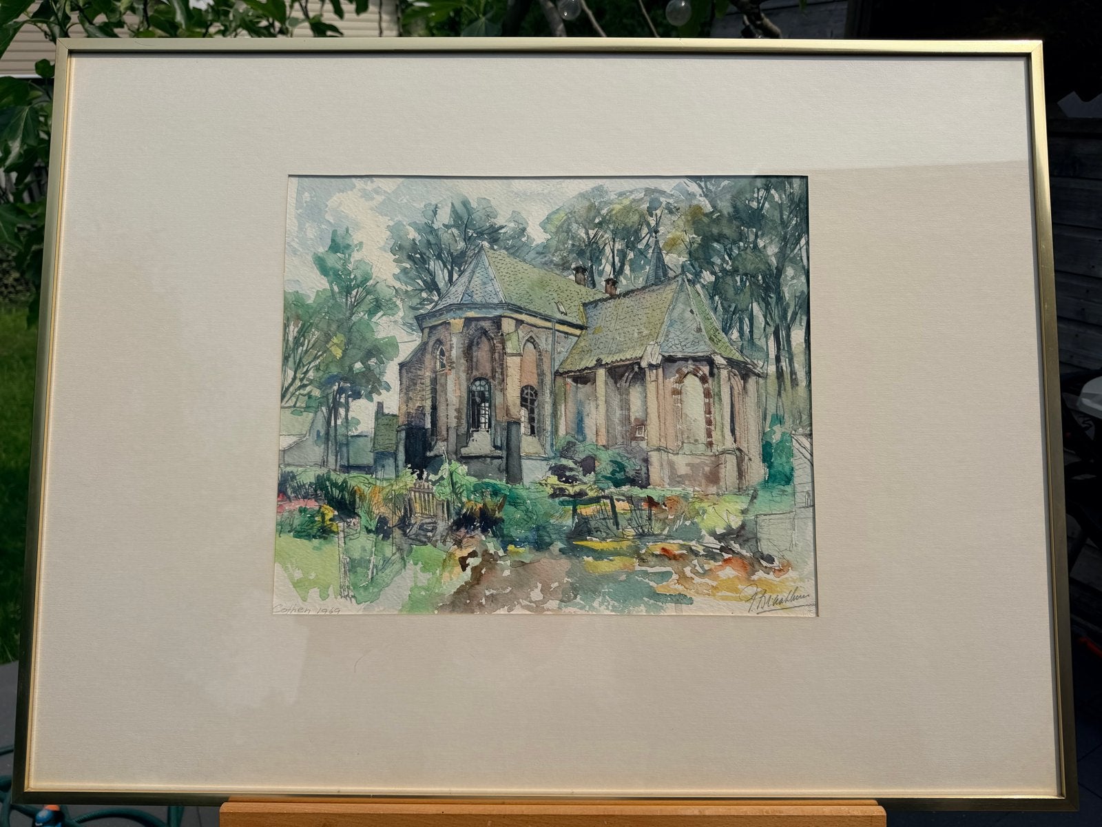 Aquarel Piet Braakhuis - Agneskerk Cothen (1969), Antiek en Kunst, Ophalen