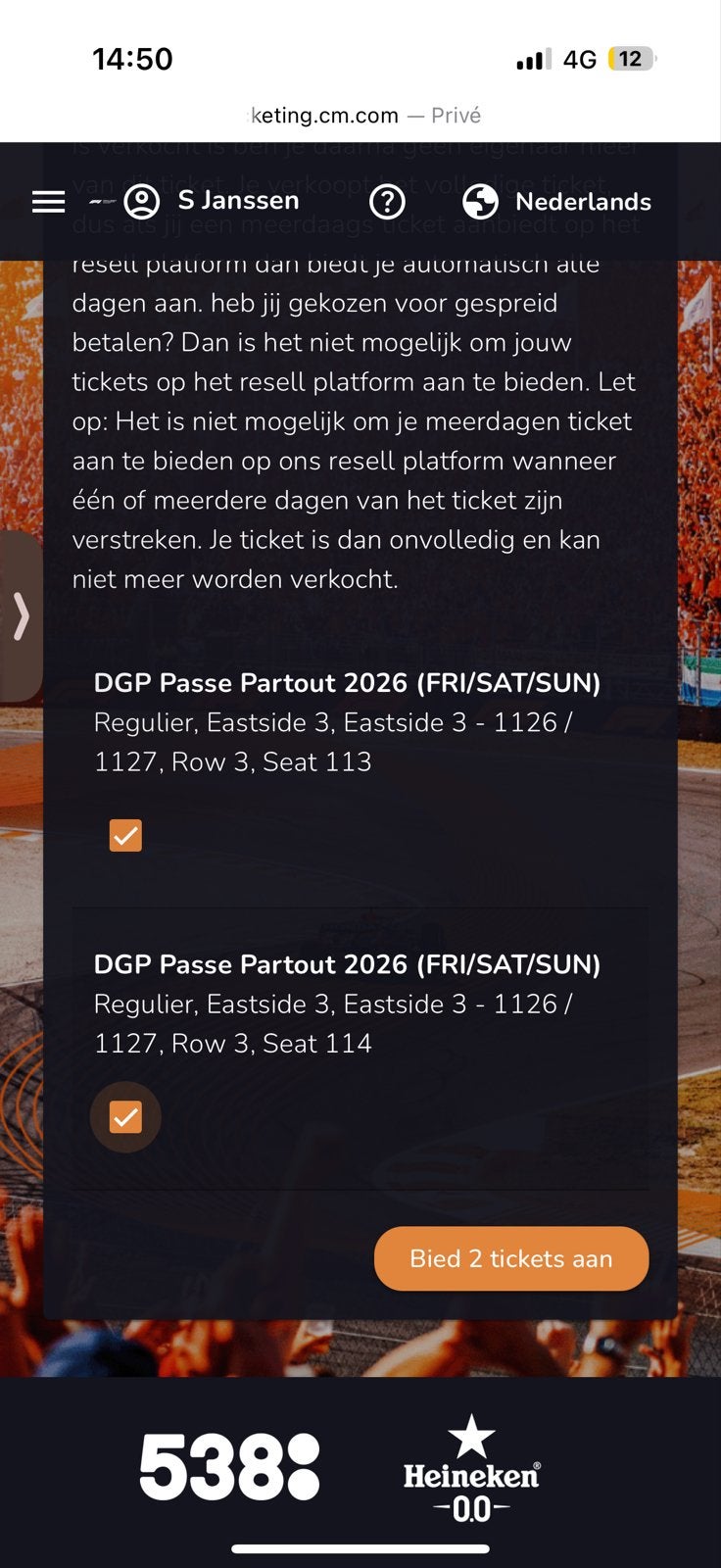 F1 GP Zandvoort: 2 tickets GOLD FRI/SA/SU Eastside 3, Tickets en Kaartjes, Twee personen, Augustus