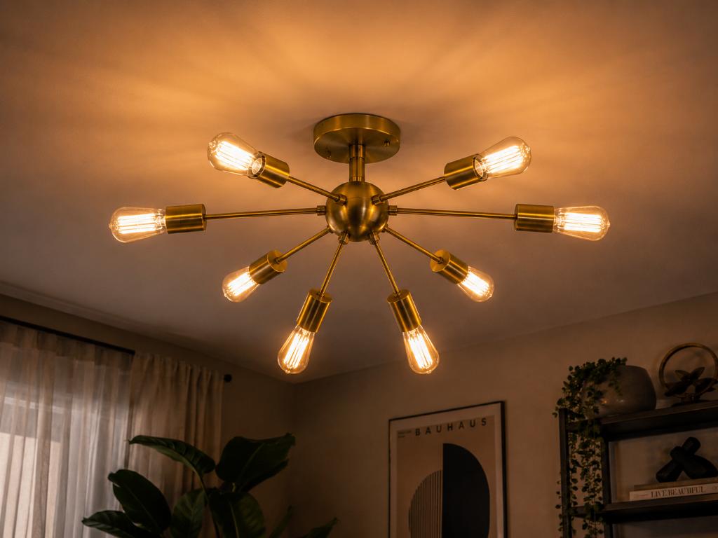 Industriële - plafondlamp – Goud/Messing – 8 lichtpunten, Huis en Inrichting, Lampen | Kroonluchters, Ophalen of Verzenden, Zo goed als nieuw