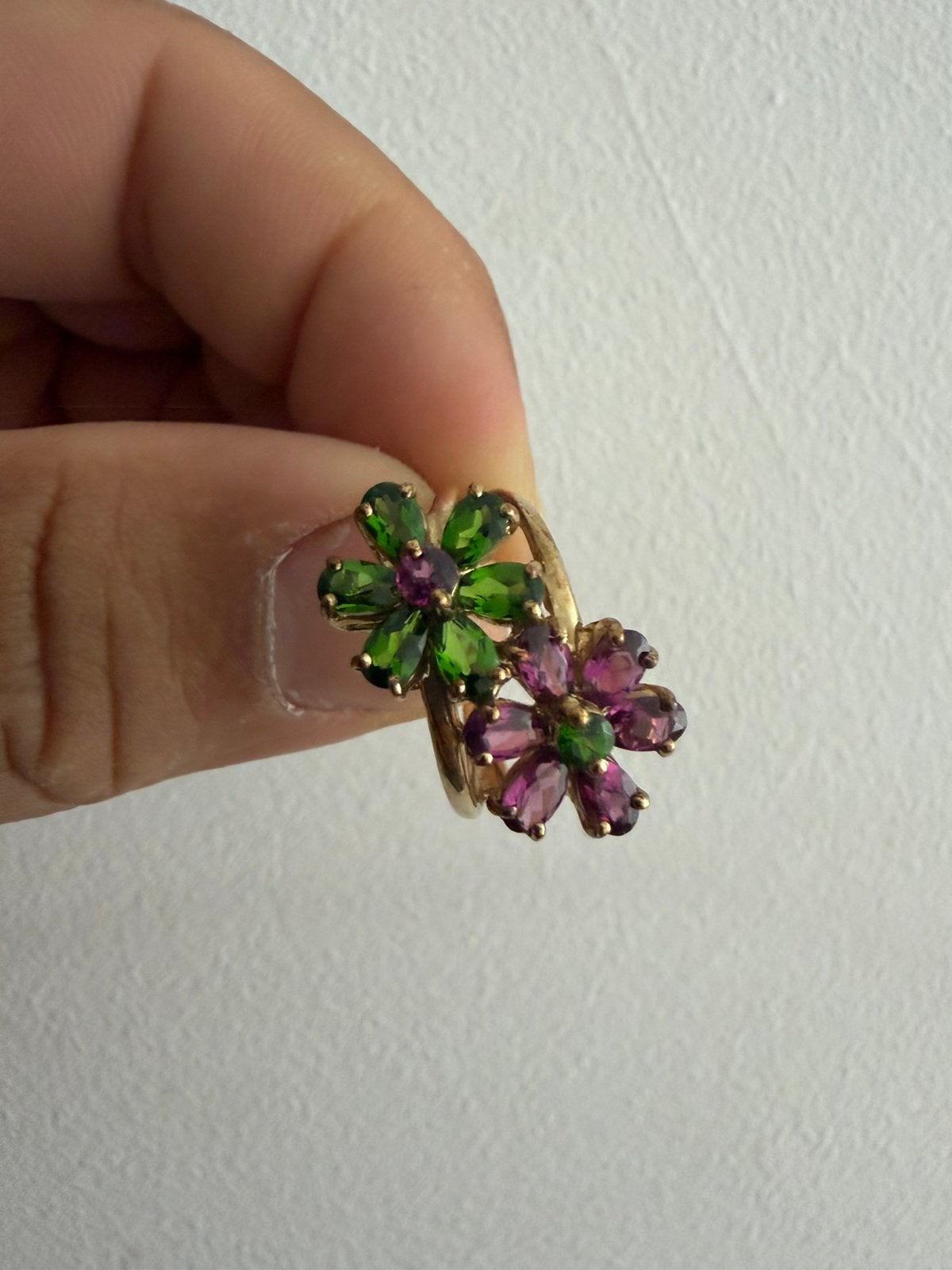 9 karat gouden ring Peridot en Amethist, Ophalen of Verzenden, Zo goed als nieuw, Goud, Dame