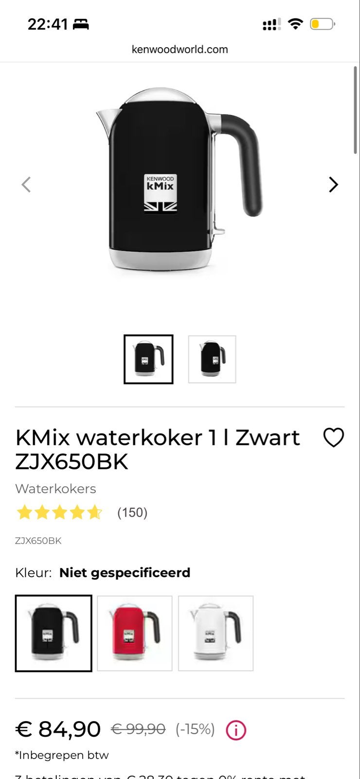 Kenwood kMix waterkoker ZJX650BK Rich Black - Zo goed als ni, 1 tot 2 liter, Ophalen of Verzenden, Zo goed als nieuw