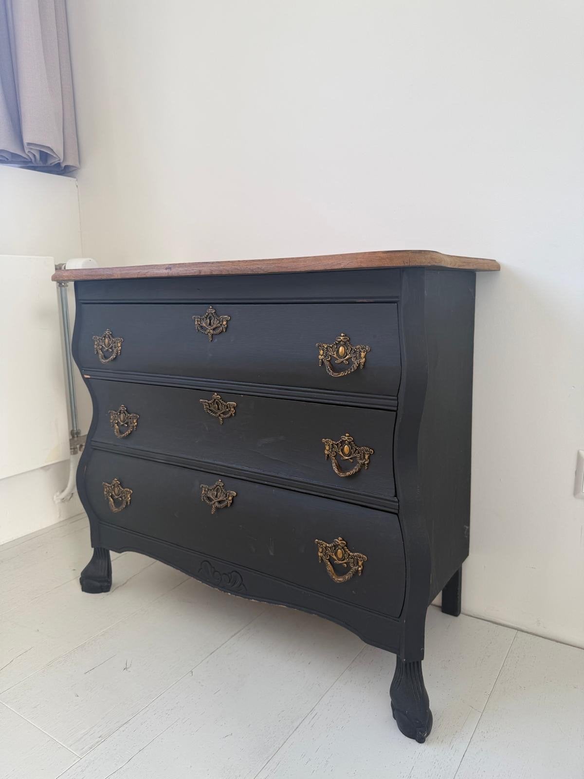 Vintage buikkast met 3 lades - Zwart met houten blad, Ophalen