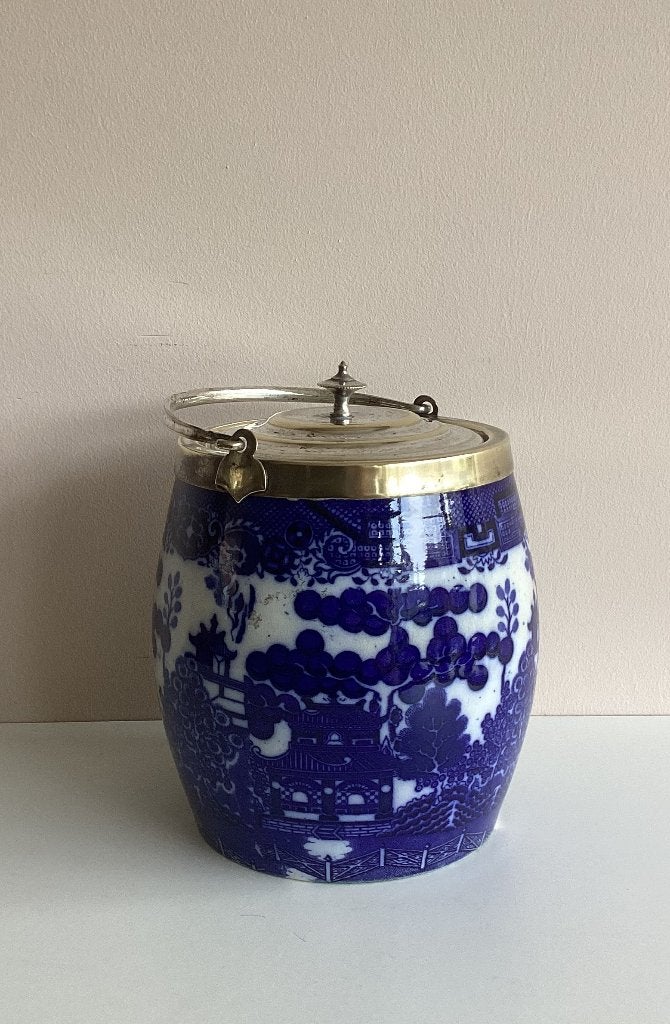 Antieke porseleinen koekjespot met Flow "Blue Willow"patroon, Ophalen of Verzenden