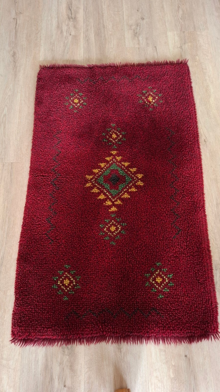 Retro Wollen Vloerkleed / Wandkleed Jaren 80 – Handgemaakt –, Gebruikt, 100 tot 150 cm, Verzenden, Groen