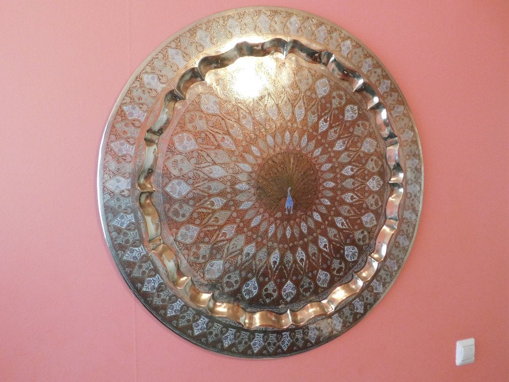 Koperen bord 90cm met hand gegraveerd, geëmailleerd, Antiek en Kunst, Ophalen, Koper
