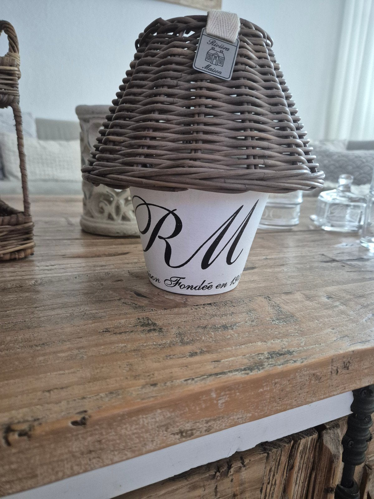 Riviera Maison Waxinelichthouder met rieten kap, Wit, Natuurlijk materiaal, Waxinelichthouder, Rivièra Maison