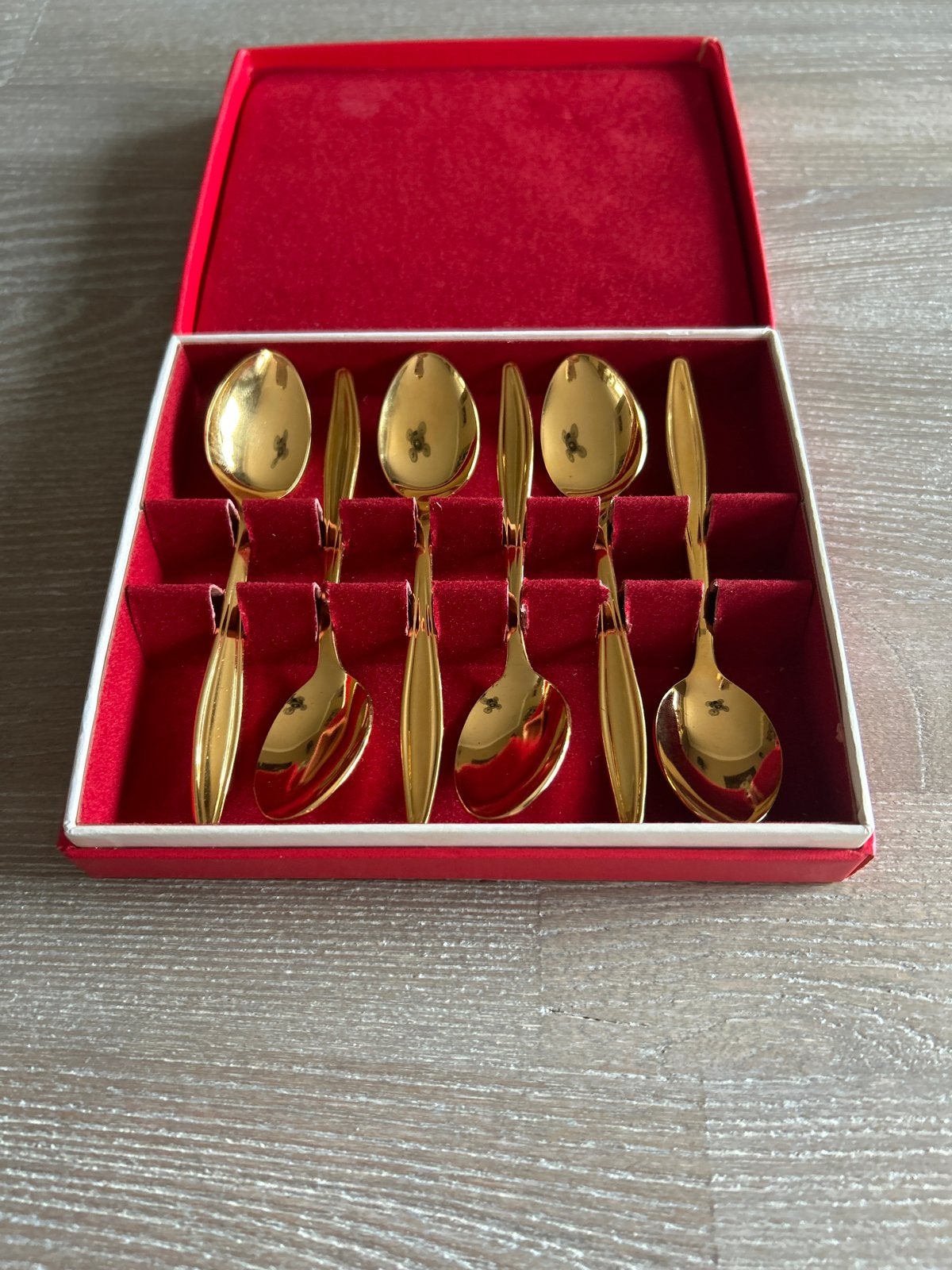 Set van 6 vergulde lepels in rode geschenkdoos, Ophalen of Verzenden