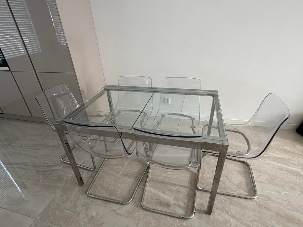 Ikea Glivarp uitschuifbare eettafel Glas met 6 stoelen, Ophalen, Gebruikt, 100 tot 150 cm, 50 tot 100 cm