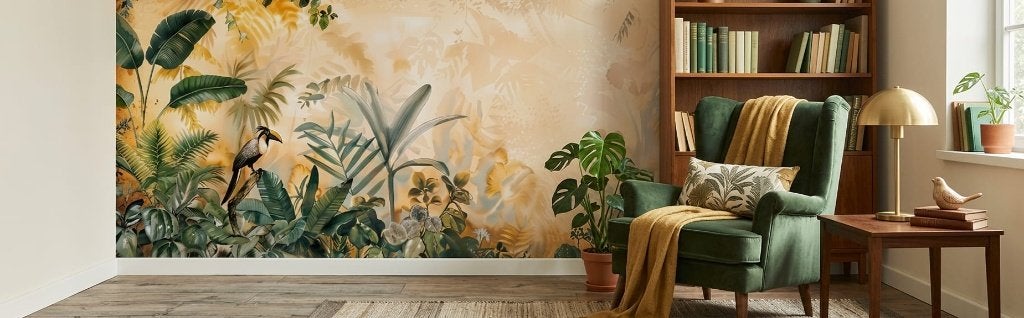 Jungle behang – toekan en vogels in warm tropisch groen, Bladeren, Natuurlijk, Overige merken, Groen
