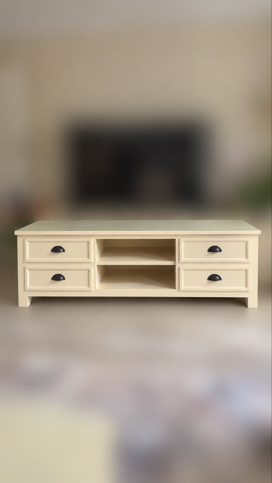 Massief houten GRATIS TV-meubel crème + maatwerk glazenplaat, Ophalen, Gebruikt, 150 tot 200 cm, Minder dan 100 cm