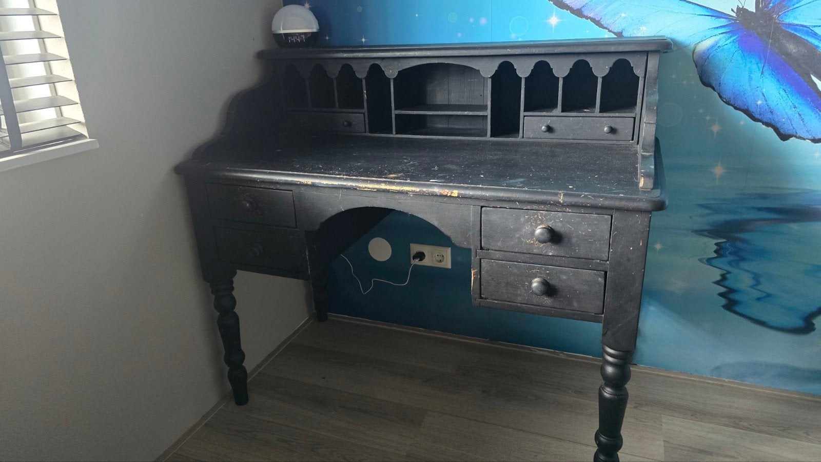 Antiek zwart secretaire bureau met opbergruimte, Gebruikt, Hout, Secretaire, Antiek