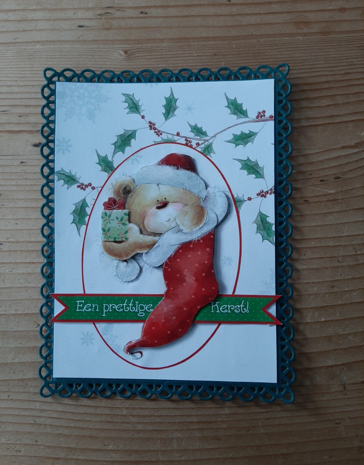 Stans kaart opleg met 3d plaatje beertje in kerstsok, Ophalen of Verzenden, Nieuw, Overige thema's
