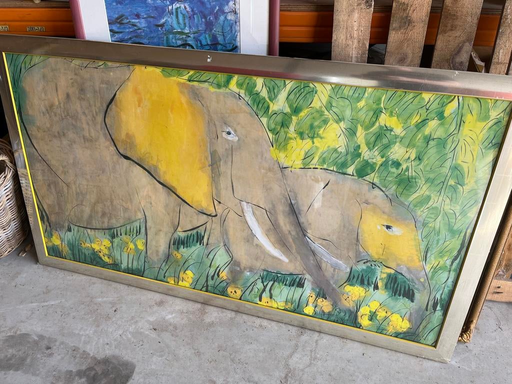 Walasse Ting: Groot olifantenschilderij in zilveren lijst, Antiek en Kunst, Ophalen of Verzenden