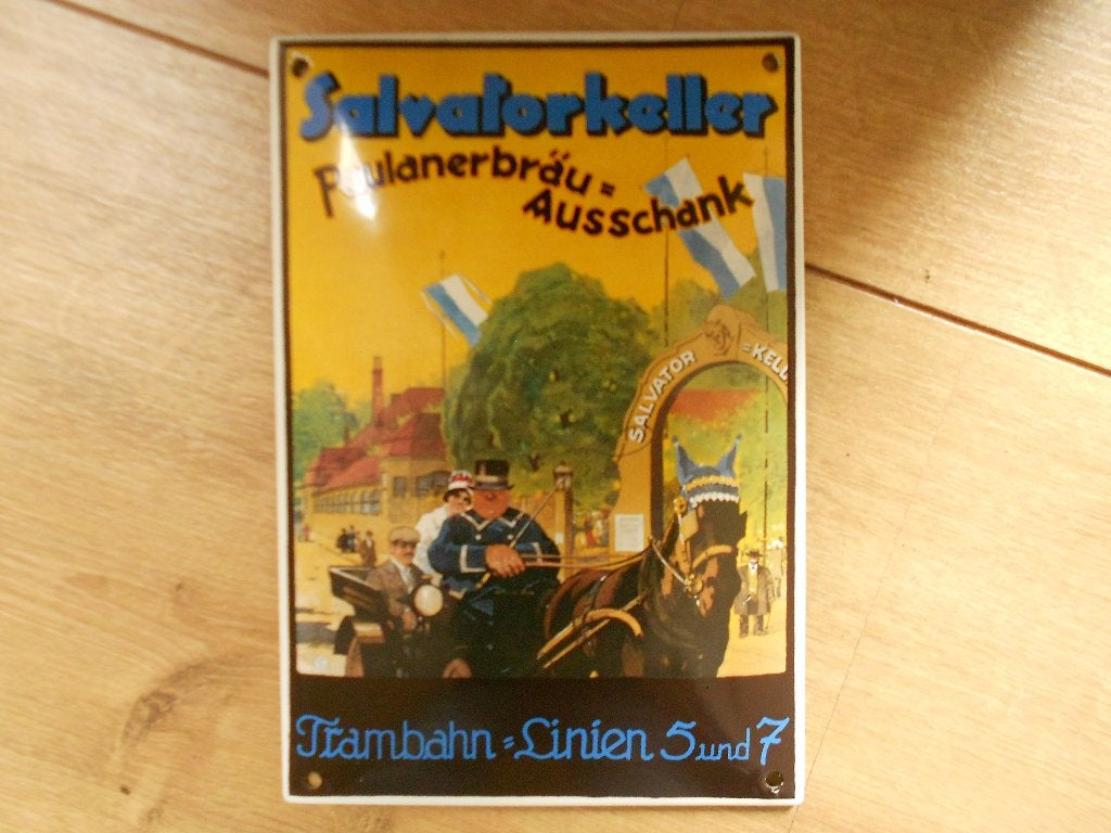 Emaille reclamebord plaat schild Paulaner brau bier., Ophalen of Verzenden, Gebruikt, Reclamebord