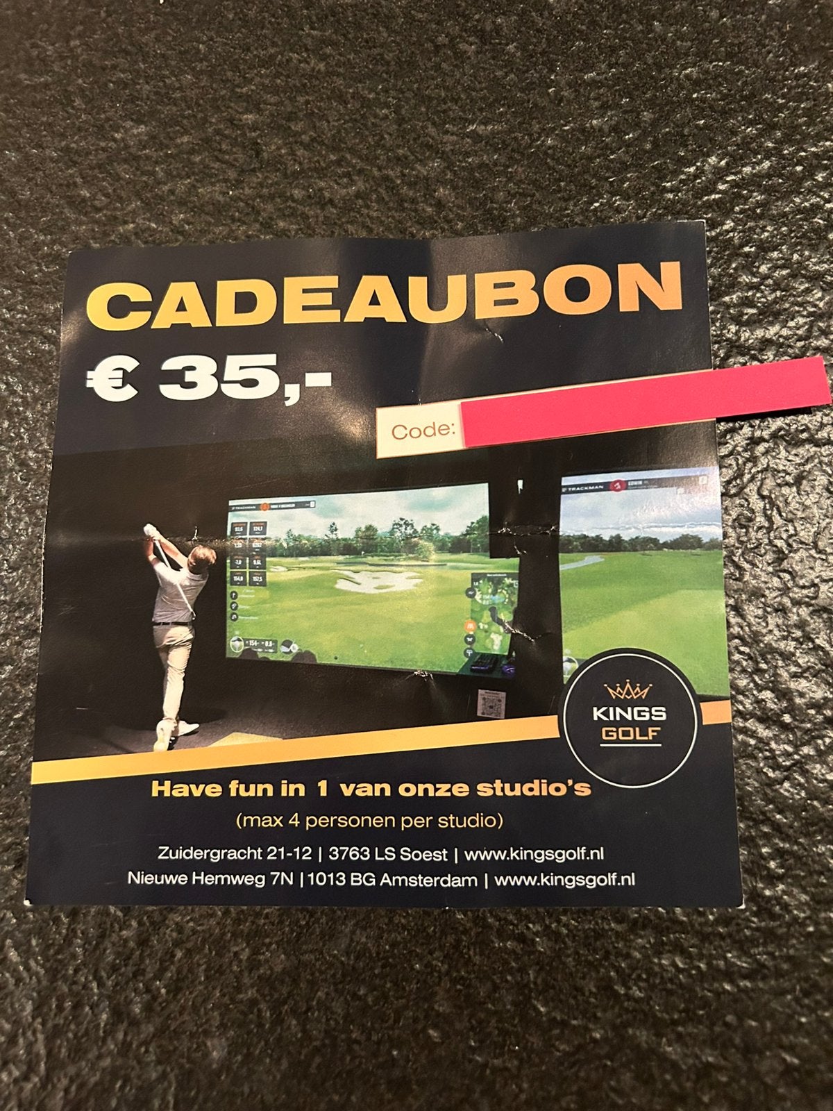 Cadeaubon KingsGolf t.w.v €35, Eén persoon, Cadeaubon
