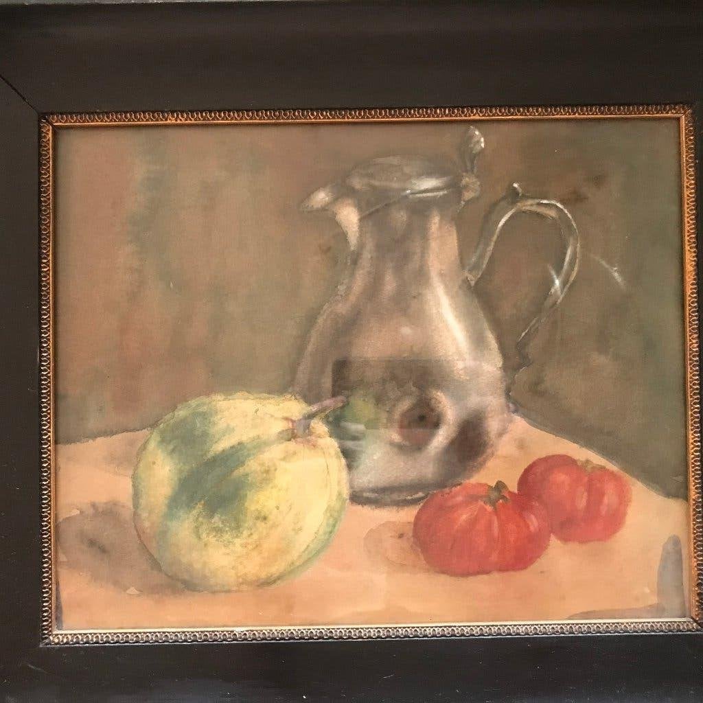 aquarel stilleven met fruit en tinnen kan, Stilleven, Ophalen of Verzenden, Papier, Origineel werk