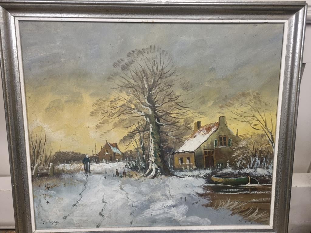 Winters landschap gesigneerd J. Apol, Antiek en Kunst, Kunst | Schilderijen | Klassiek, Ophalen of Verzenden