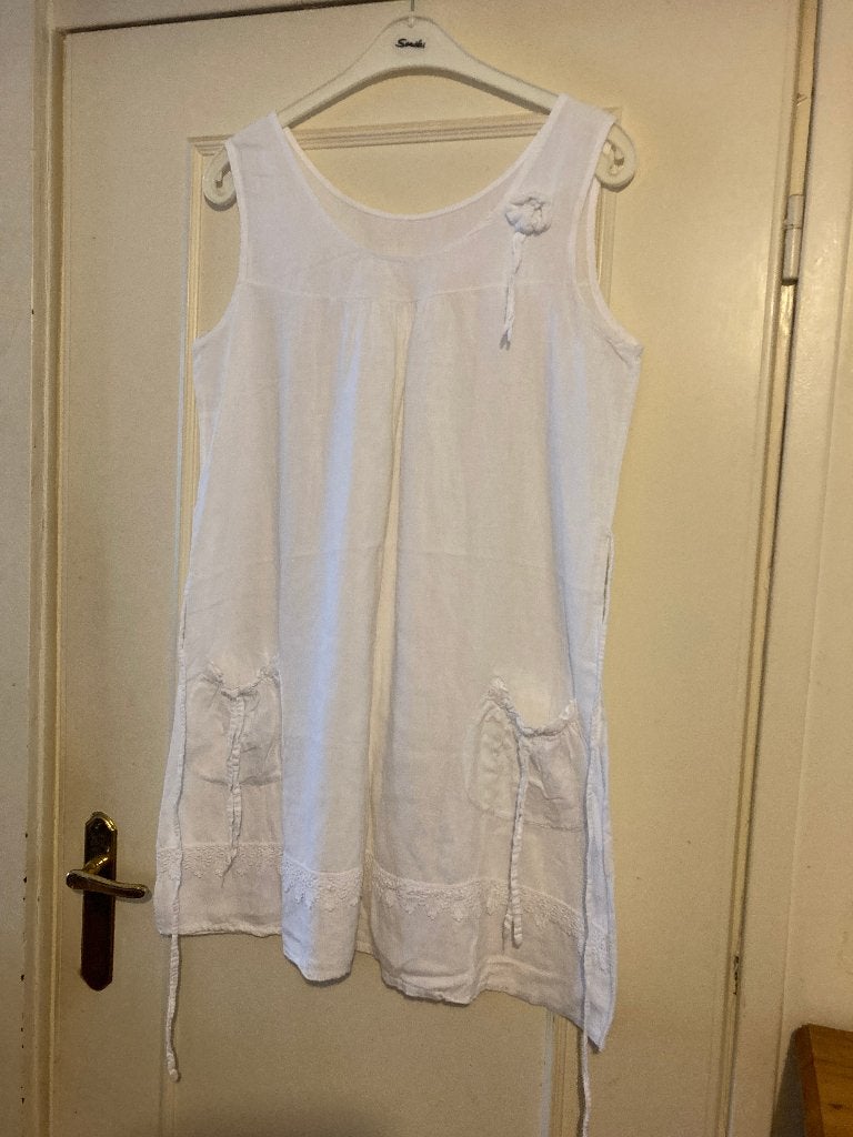 Witte linnen jurkje met aparte zakken Made In Italy, maat XL, Made in Italy, Verzenden, Zo goed als nieuw, Wit