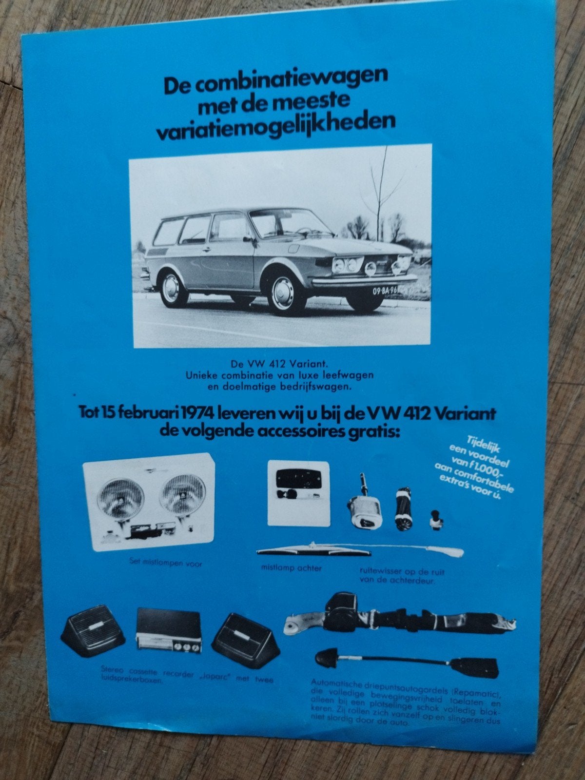 VW 412 Variant brochure uit 1974 - Nederlands, 4 pagina's, Volkswagen, Ophalen of Verzenden, Zo goed als nieuw, Volkswagen