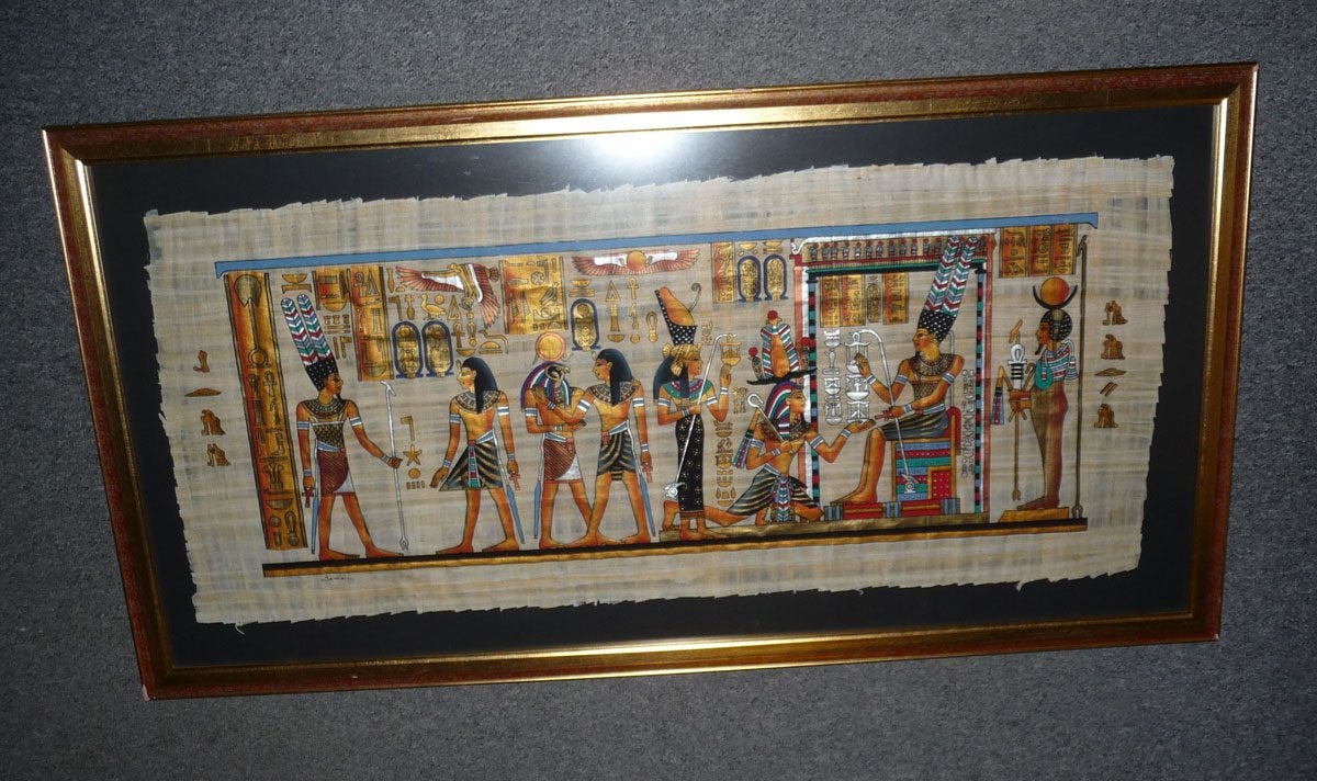 Egyptisch papyrus handgemaakt schilderwerk in lijst, Ophalen of Verzenden, Gebruikt