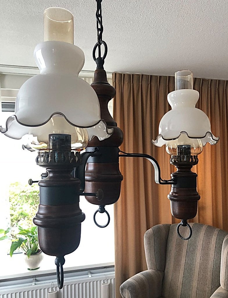 Prachtige Vintage Kroonluchter / Hanglamp in Olielamp Stijl, Huis en Inrichting, Lampen | Kroonluchters, Ophalen, Zo goed als nieuw