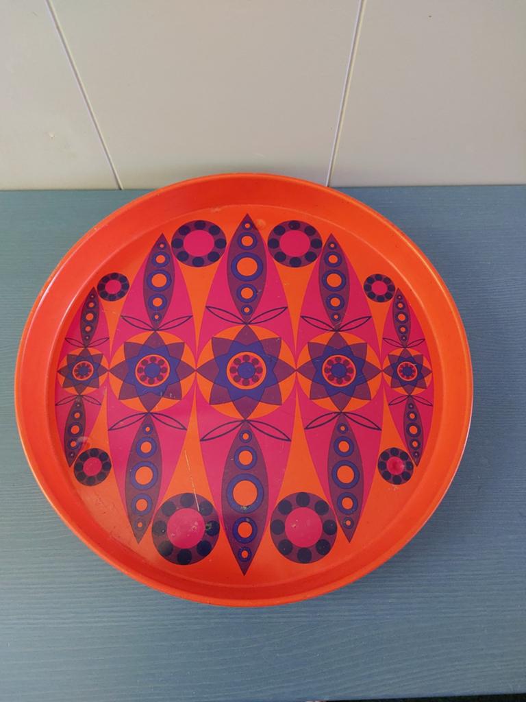 Vintage dienblad Tomado stijl space age jaren 70, Ophalen of Verzenden, Gebruikt, Rond, Metaal