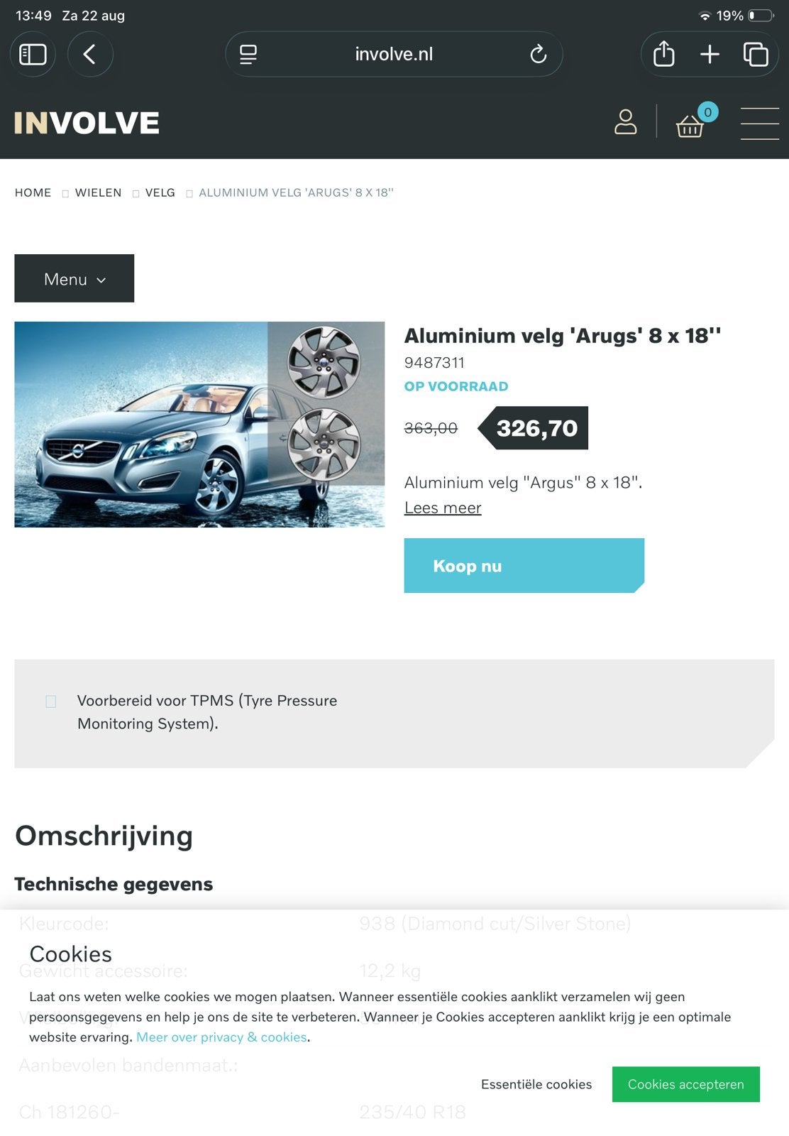Volvo velgen 8x 18 inch hoogglans zwart met banden, Ophalen, Volvo