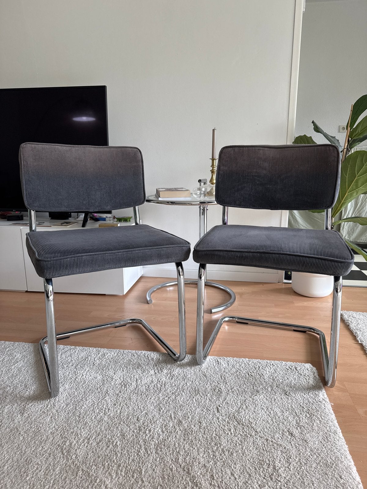 Set van 2 vintage stoelen - ribstof en chroom, Ophalen, Gebruikt, Twee, Metaal