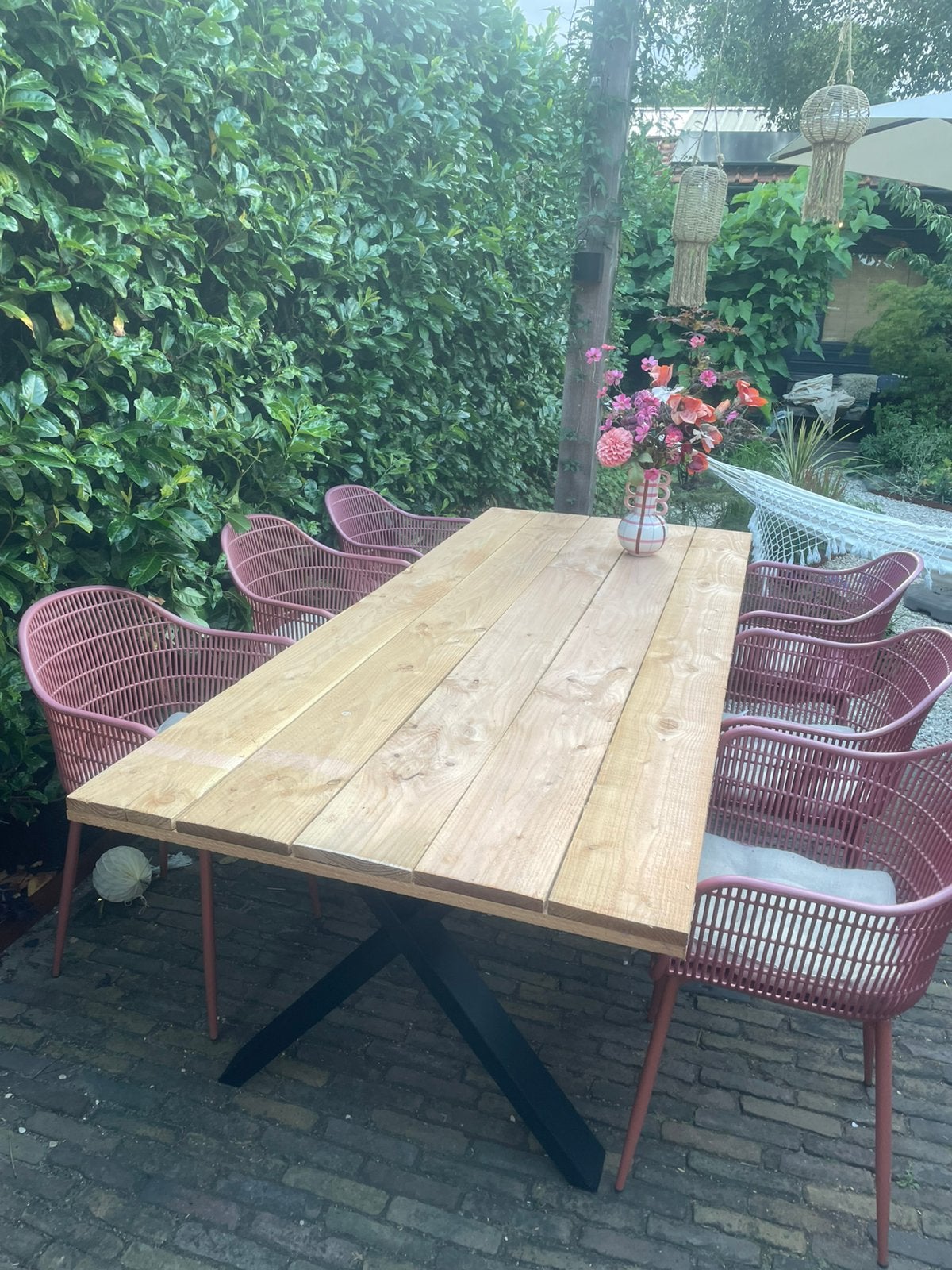 Eettafel • tuintafel • 244x99cm • douglas • stalen X poten, Ophalen, Zo goed als nieuw, Rechthoekig, Hout