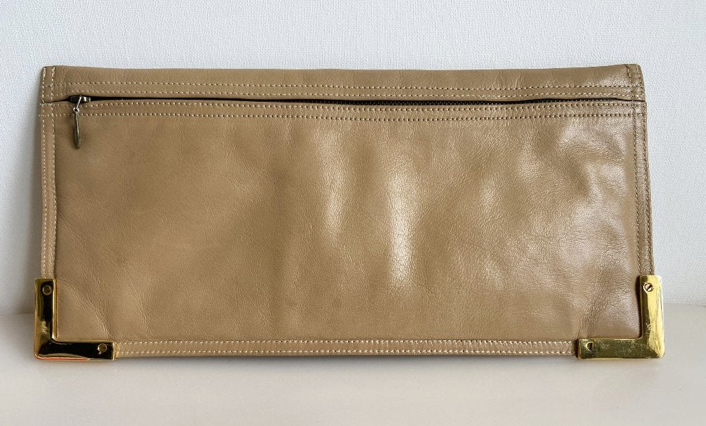 Vintage Clutch Tas Avondtas Beige Leer 1970s, Ophalen of Verzenden, Zo goed als nieuw, Beige, Handtas