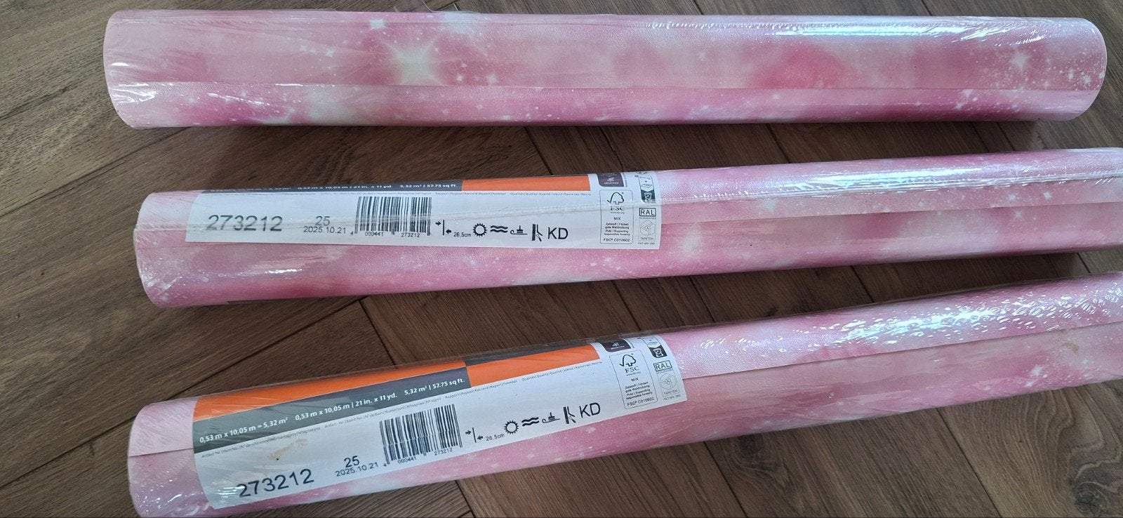 3 rollen roze behang, Huis en Inrichting, Stoffering | Behang, Ophalen, Papierbehang, 10 tot 25 m², Roze