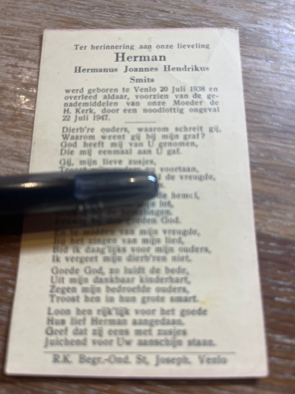 Bidprentje Hermanus Joannes Hendrikus Smits Venlo, Verzamelen, Ophalen of Verzenden, Bidprentje