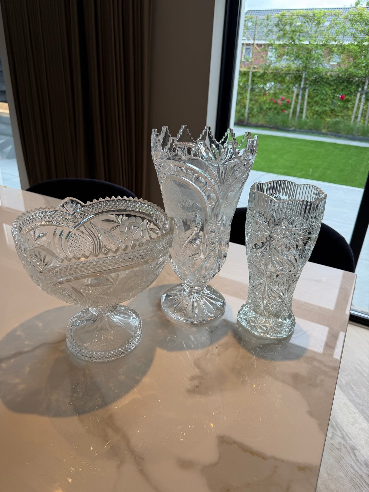 Set van 3 Kristallen Vazen en Schaaltje, Antiek en Kunst, Antiek | Vazen, Ophalen