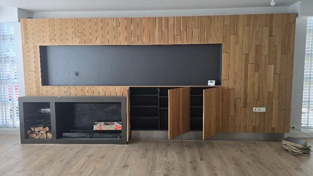 Luxe maatwerk cinewall met houten wand, TV-meubel & haard, Ophalen, 100 tot 150 cm, Nieuw, 200 cm of meer
