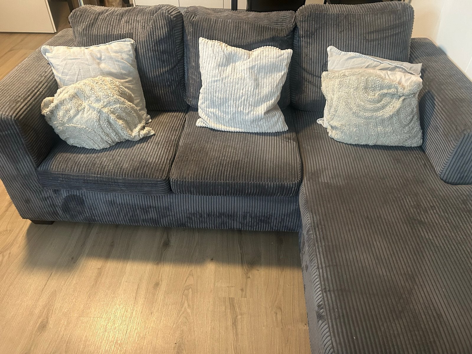 Comfortabele Hoekbank - Grijs Ribstof, Ophalen, Gebruikt, 150 tot 200 cm, Hoekbank