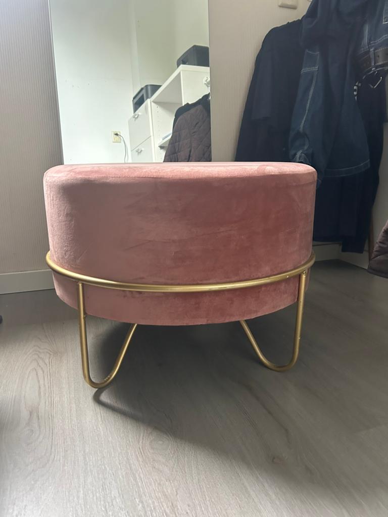 Zacht fluwelen Macaron poef roze met goud velvet, Ophalen, Overige kleuren, Zo goed als nieuw, Eén