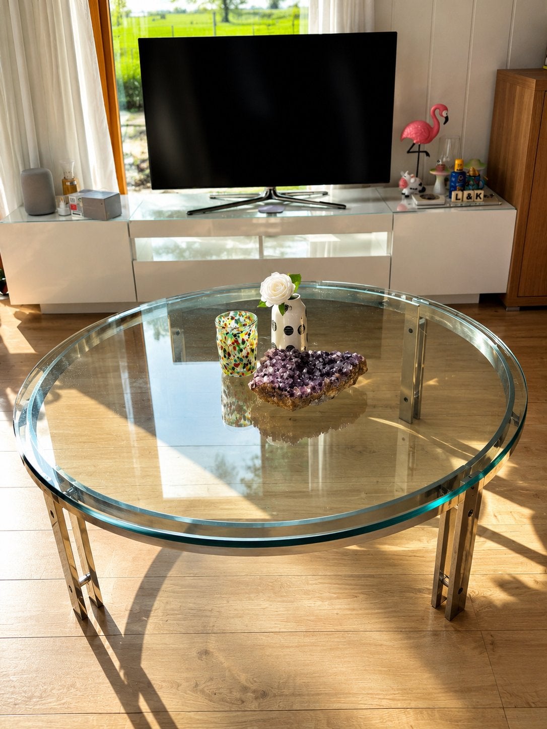 Design glazen salontafel, Huis en Inrichting, Tafels | Salontafels, Ophalen, Rond, 5 – 50, 100 tot 150 cm