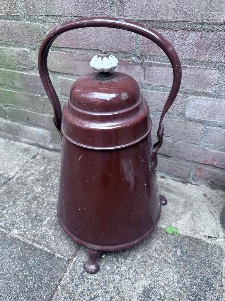 Doofpot. Antieke emaille emmer - Bruin met wit bloemknopje, Antiek en Kunst, Antiek | Emaille, Ophalen of Verzenden