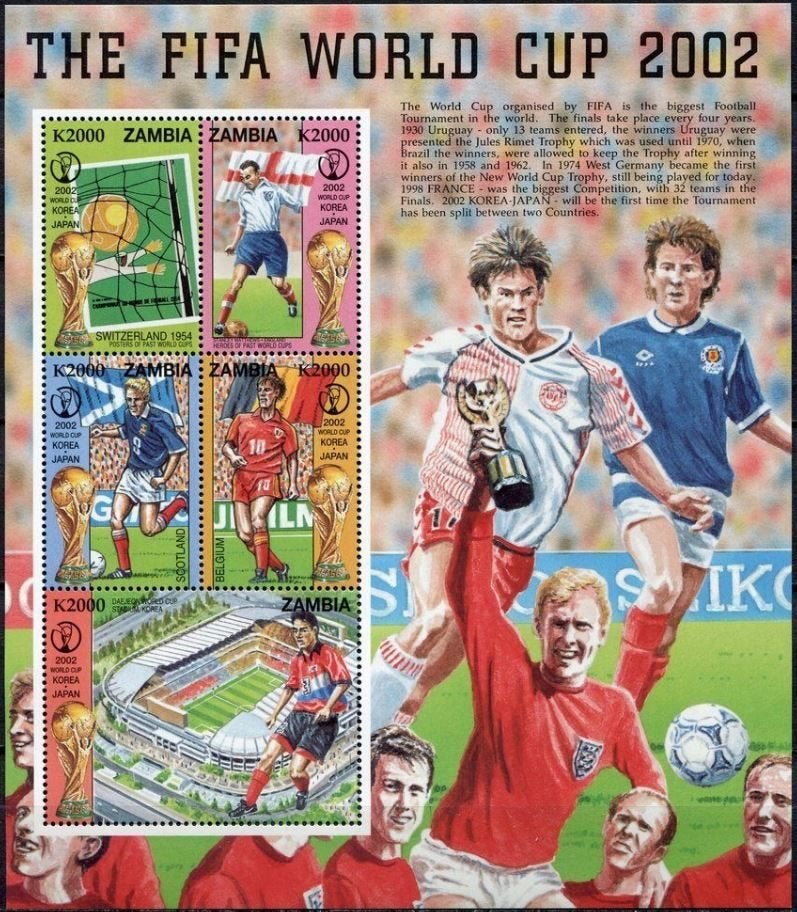 Zambia 2002 FIFA WK Voetbal stadion beker speler 2x vel pfri, Postzegels en Munten, Ophalen of Verzenden, Zambia, Postfris