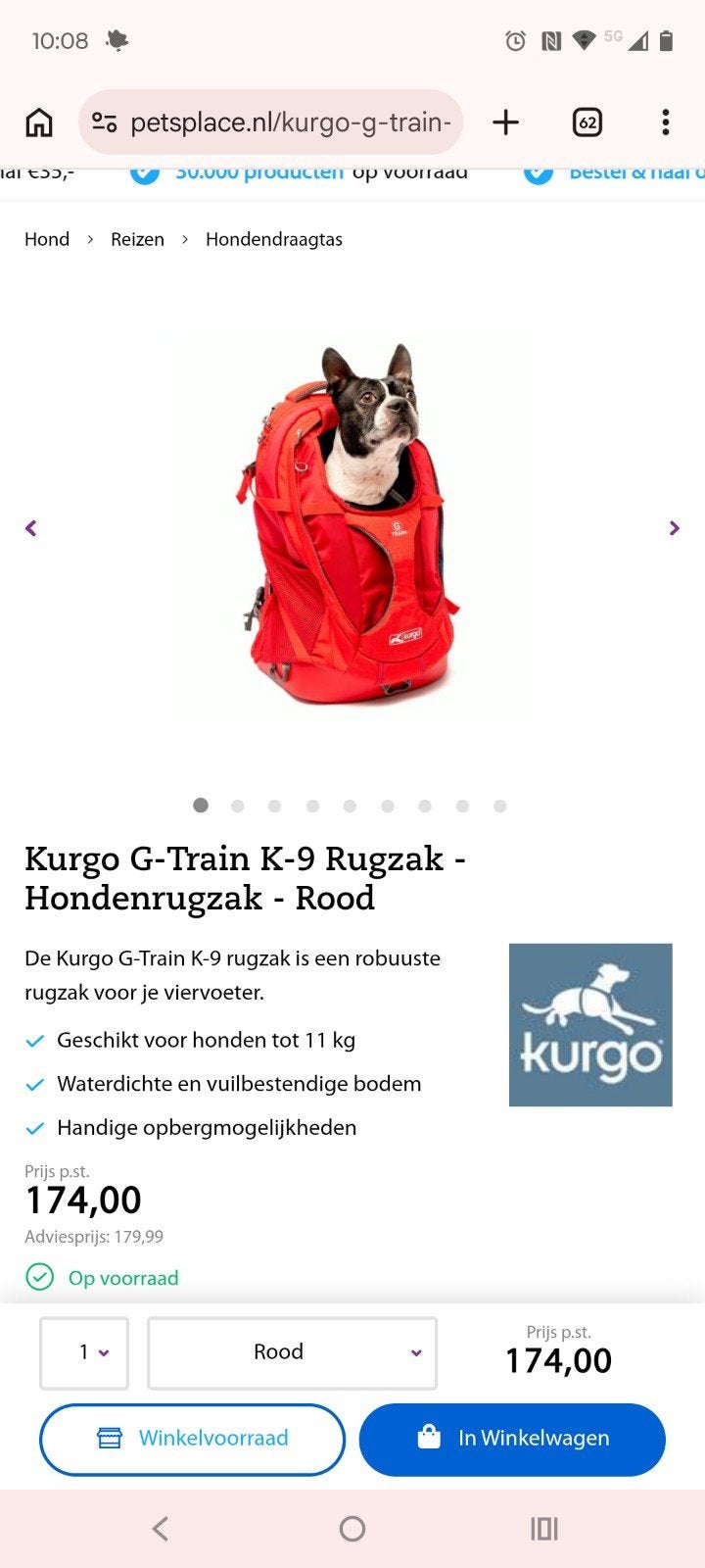 Kurgo K-9 rugzak rood., Dieren en Toebehoren, Ophalen