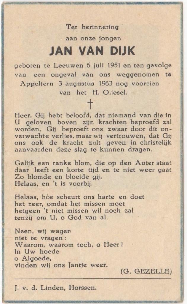 Jan van Dijk 1951 Leeuwen + 1963 Appeltern, 12 jaar, Verzenden