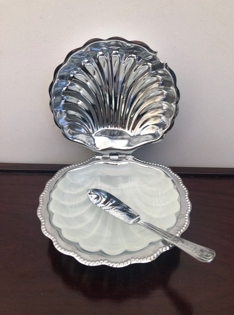 Silver- plated  Boter/kaviaarschaaltje schelp met mesje, Ophalen of Verzenden