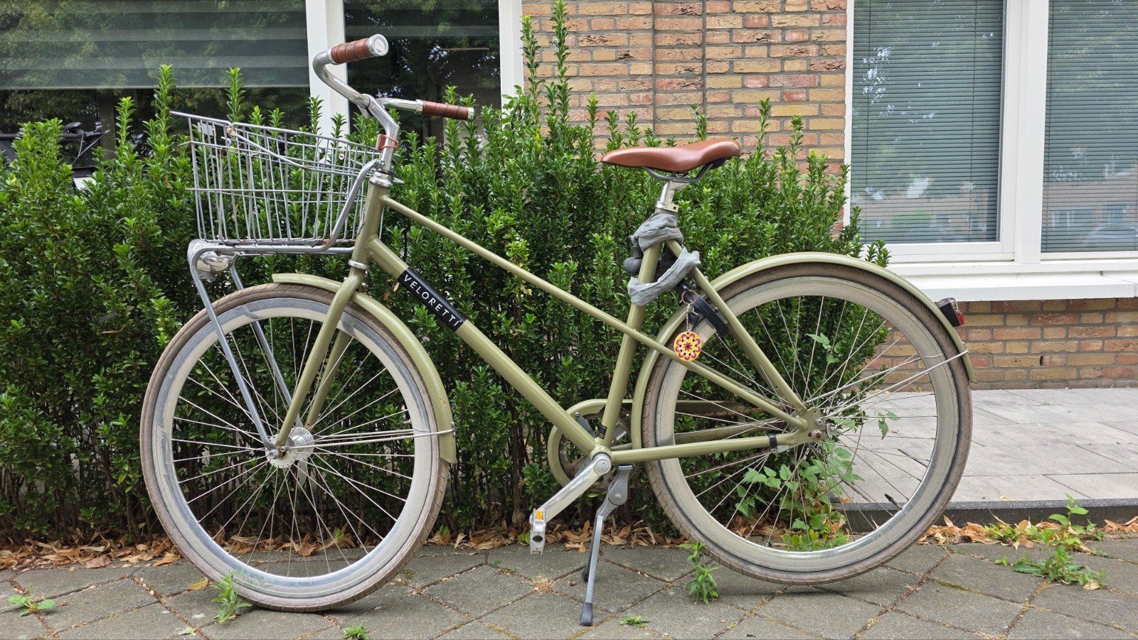 Veloretti fiets met voordrager en mand - Olijfgroen, Terugtraprem, Ophalen, Overige merken, 53 tot 56 cm