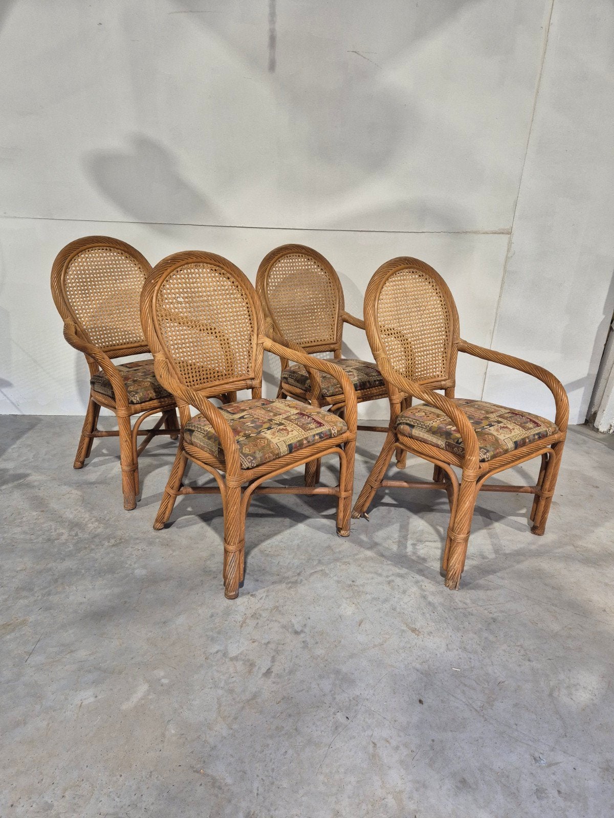 4 rotan bamboe boho vintage stoelen webbing design., Gebruikt, Twee, Bruin, Onbekend